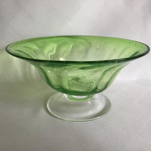 Hand Blown Art Glass Bubble Green glass Pedestal Bowl - Picture 4 of 9